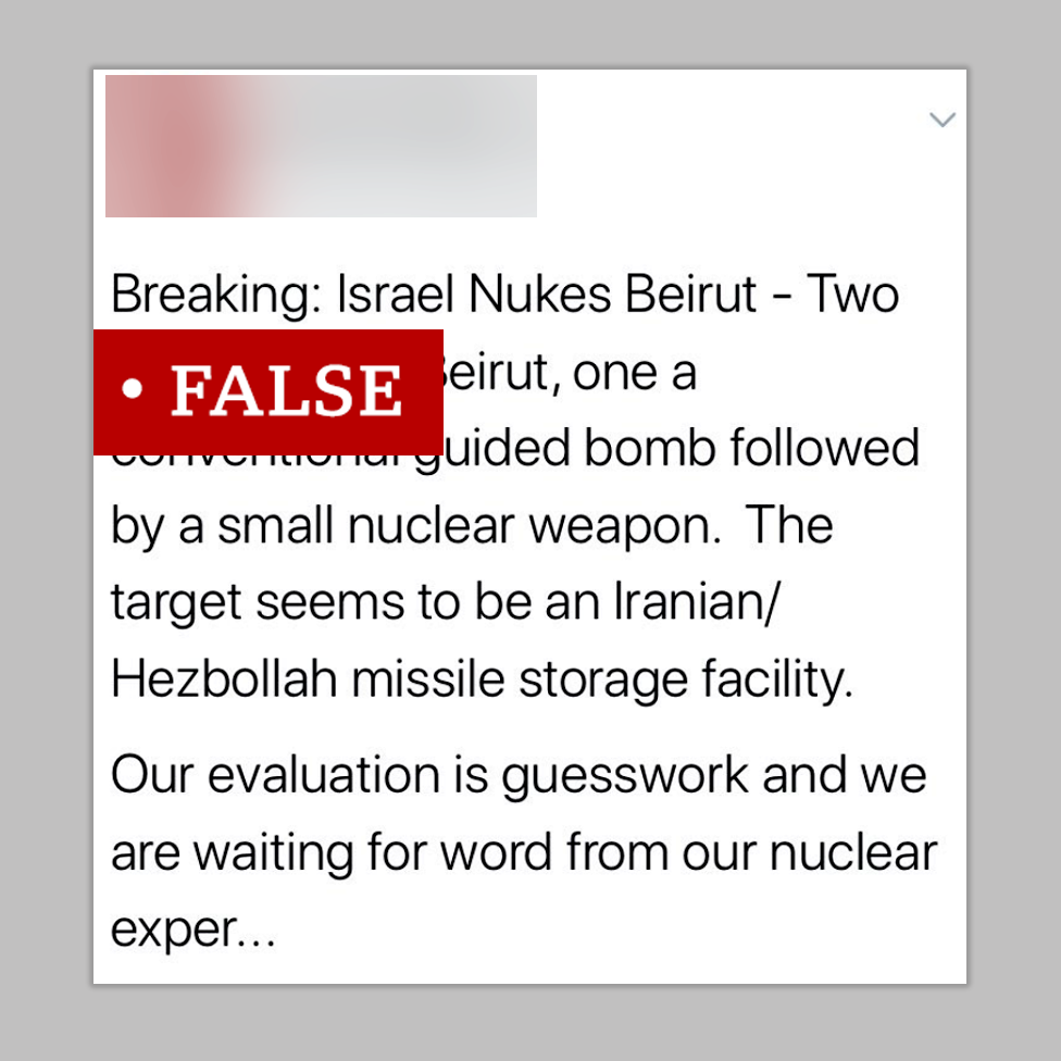 Screenshot of a post making the false claim that a missile was responsible for the explosion in Beirut - suggesting the target was a Hezbollah missile storage facility