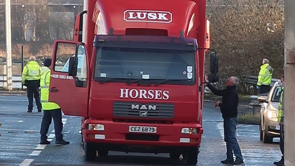The first lorries to transport freight under the new arrangements in Belfast on Friday afternoon