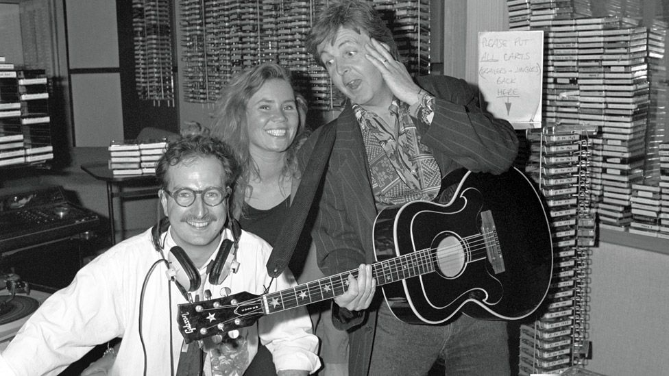 Steve Wright, Dianne Oxberry and Paul McCartney in the studio in 1990