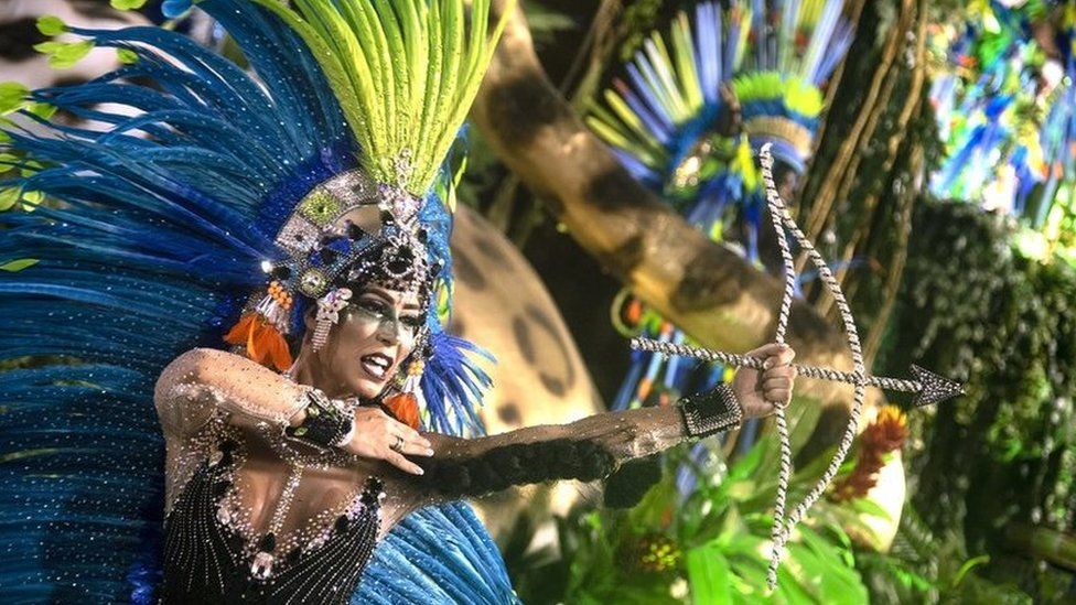 A performer dances during Mangueira performance at the Rio de Janeiro Carnival at Sambodromo on March 4, 2019 in Rio de Janeiro, Brazil