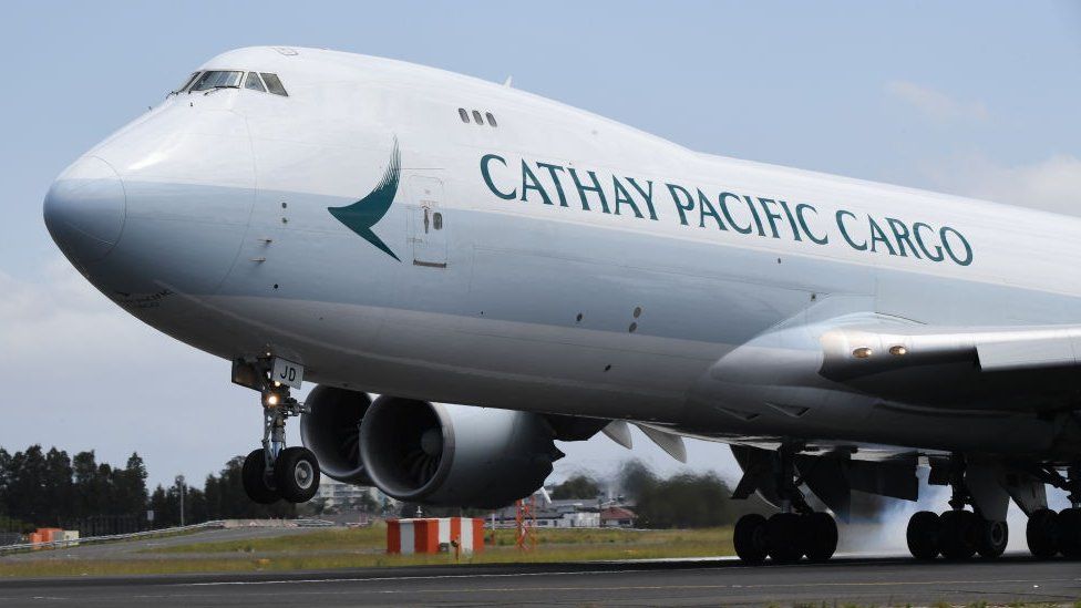 A Cathay Pacific Cargo Boeing 747 aircraft lands at Sydney Airport.