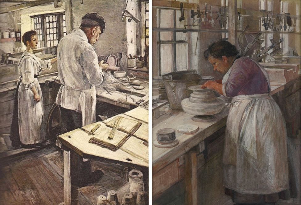 Left: Sylvia Pankhurst's An Old-fashioned Pottery Turning Jasper-ware; right: On a Pot Bank: Finishing Off the Edges of the Unbaked Plates on a Whirler