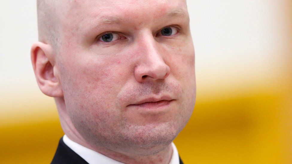 Convicted mass killer Anders Behring Breivik attends the fourth and last day in court in Skien prison, Norway, 18 March 2016