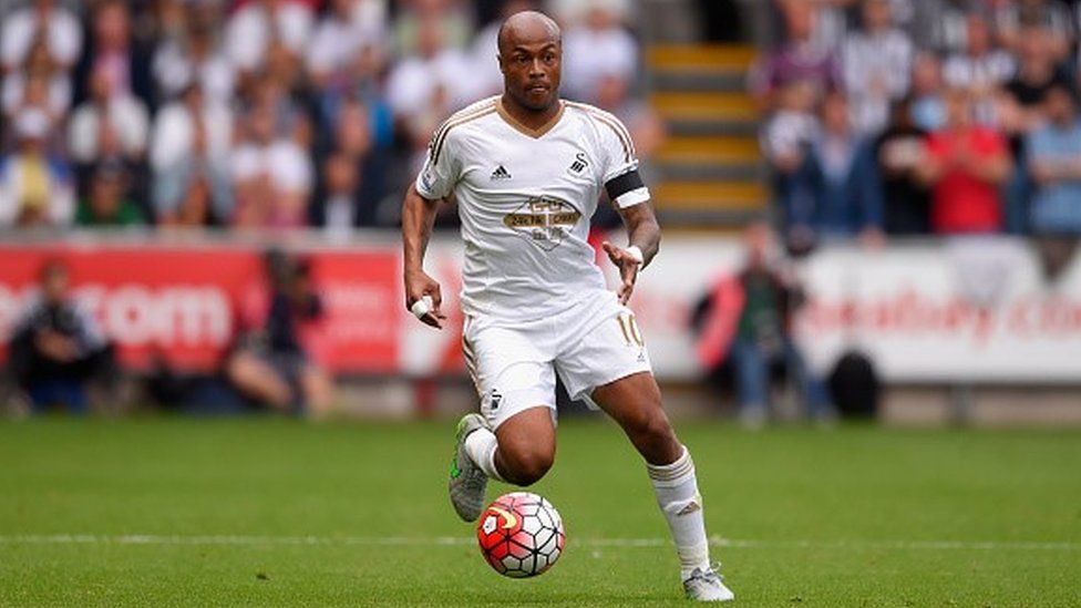 Swansea player Andre Ayew in action during the Barclays Premier League match between Swansea City and Newcastle United at the Liberty stadium on August 15, 2015 in Swansea, United Kingdom