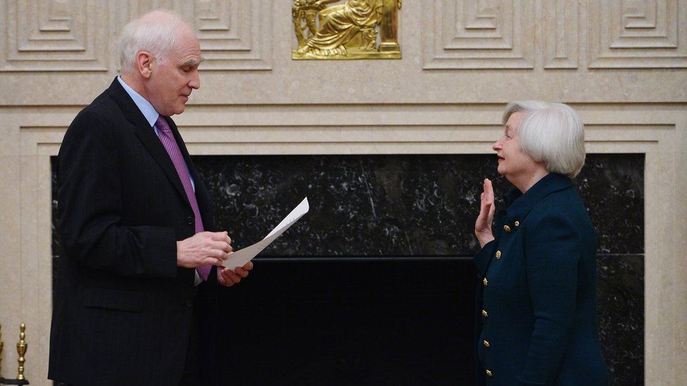 Janet Yellen is sworn in as Fed Chair in 2014. Her term ends in February