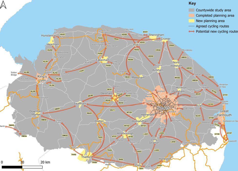 Map of cycle and walking routes in Norfolk