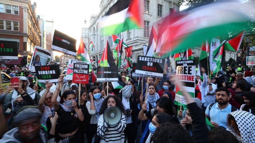 Pro-Palestinian demonstrators near the Israeli embassy in London