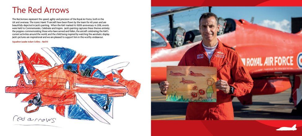 Jack's drawing of the Red Arrows on the left-hand page and a photograph of squadron leader Adam Collins on the right holding one of Jack's drawings