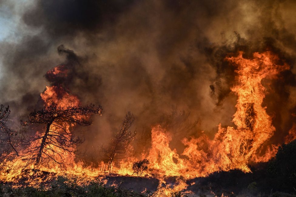 Wildfires burn the forests near the village of Vati in the southern part of Rhodes