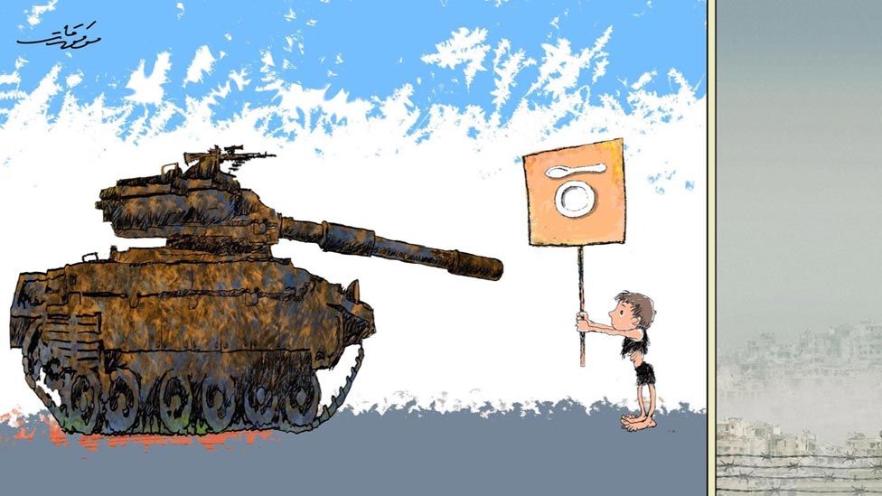 A cartoon created by prominent Syrian artist Mwafaq Katt depicts a child in shabby clothes facing a tank while holding a banner that shows a plate and a spoon.