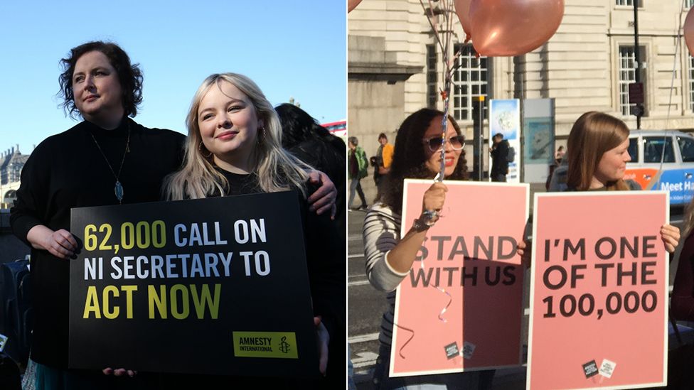 Derry Girls stars Siobhan McSweeney and Nicola Cloughan (left) at the Amnesty International organised protest at Westminster, while anti-abortion campaigners held a simultaneous protest (right)