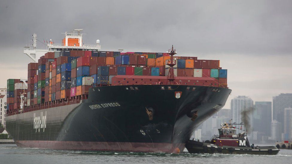 A ship carrying goods made in China arrives in Miami, Florida