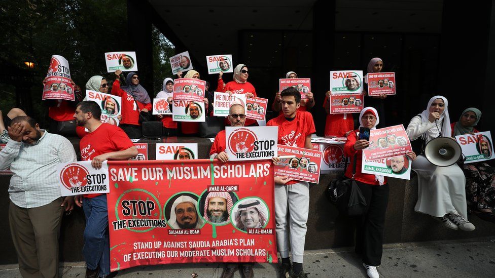 People gather in front of Saudi Consulate in New York to protest against Saudi Arabia's decision to execute three leading Saudi Arabian scholars including Salman al-Awdah after Ramadan, in New York, United States on June 1, 2019.