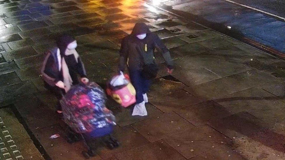CCTV footage of the couple of the Whitechapel Road. Both have their face covered with Constance Marten pushing a pram and Mark Gordon carrying a shopping bag.