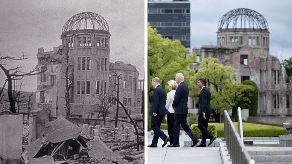 G7 leaders walk past the Atomic Bomb Dome in the Hiroshima Peace Memorial at the sidelines of the summit on May 19, 2023