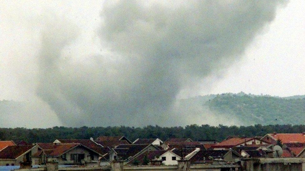 A view of the smoke raising after a Nato airstrike on Golubovci, Podgoricas airport, in Montenegro, Wednesday, April 28, 1999