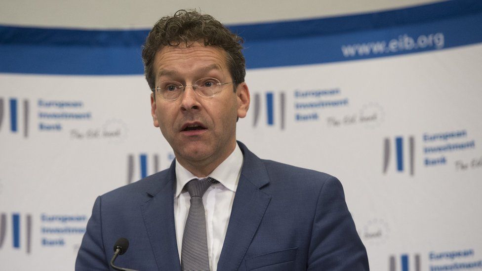 Dutch Finance Minister Jeroen Dijsselbloem, chairman of the Board of Governors of the European Investment Bank, addresses a reception at the Decatur House in Washington, DC, April 16, 2015.