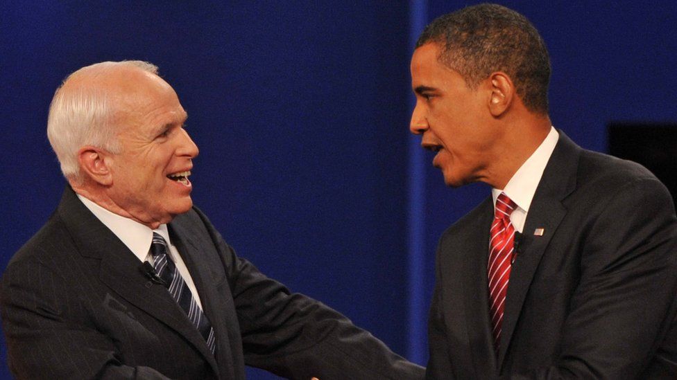 Democrat Barack Obama (R) and Republican John McCain greet each other at Hofstra University at the end of their third and final presidential debate in Hempstead, New York