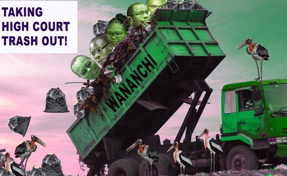 Плакат с мусорным грузовиком, вываливающим судей высокого суда