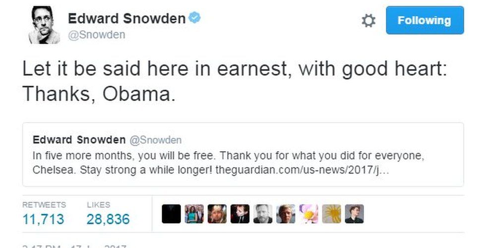 Edward Snowden tweet: Let it be said here in earnest, with good heart: Thanks, Obama