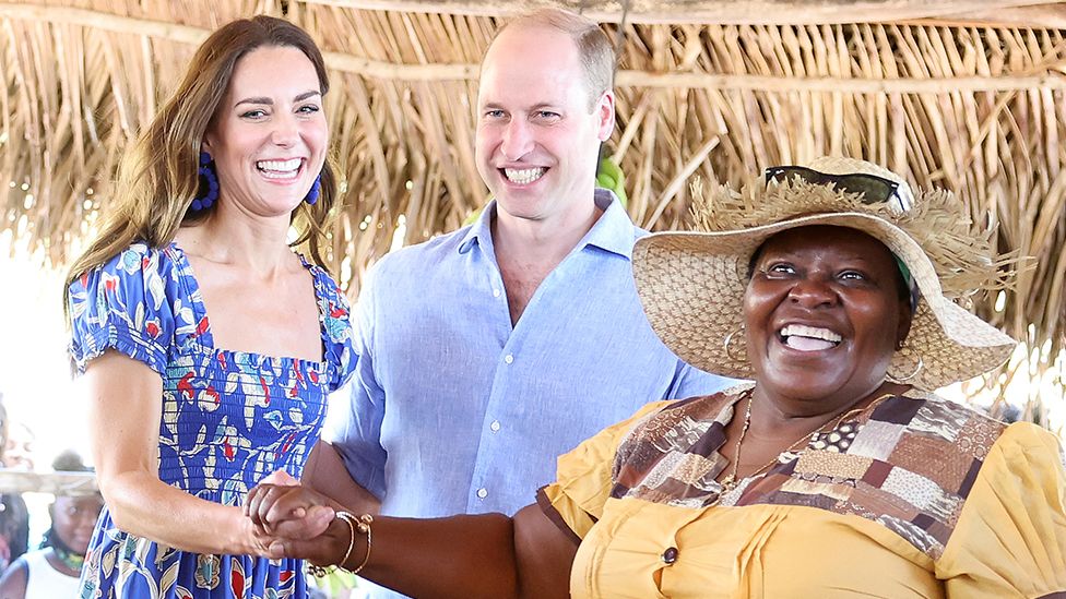 Duke and Duchess of Cambridge dance with the locals during a visit to Hopkins, a small village on the coast which is considered to be cultural centre of the Garifuna community in Belize, amid a tour of the Caribbean