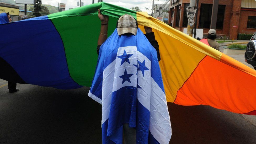 Члены Ассоциации лесбиянок, геев, транссексуалов и бисексуалов (LGTB) Arcoiris (Rainbow) проводят демонстрацию в Международный день борьбы с гомофобией на улицах Тегусигальпы 17 мая 2010 г.