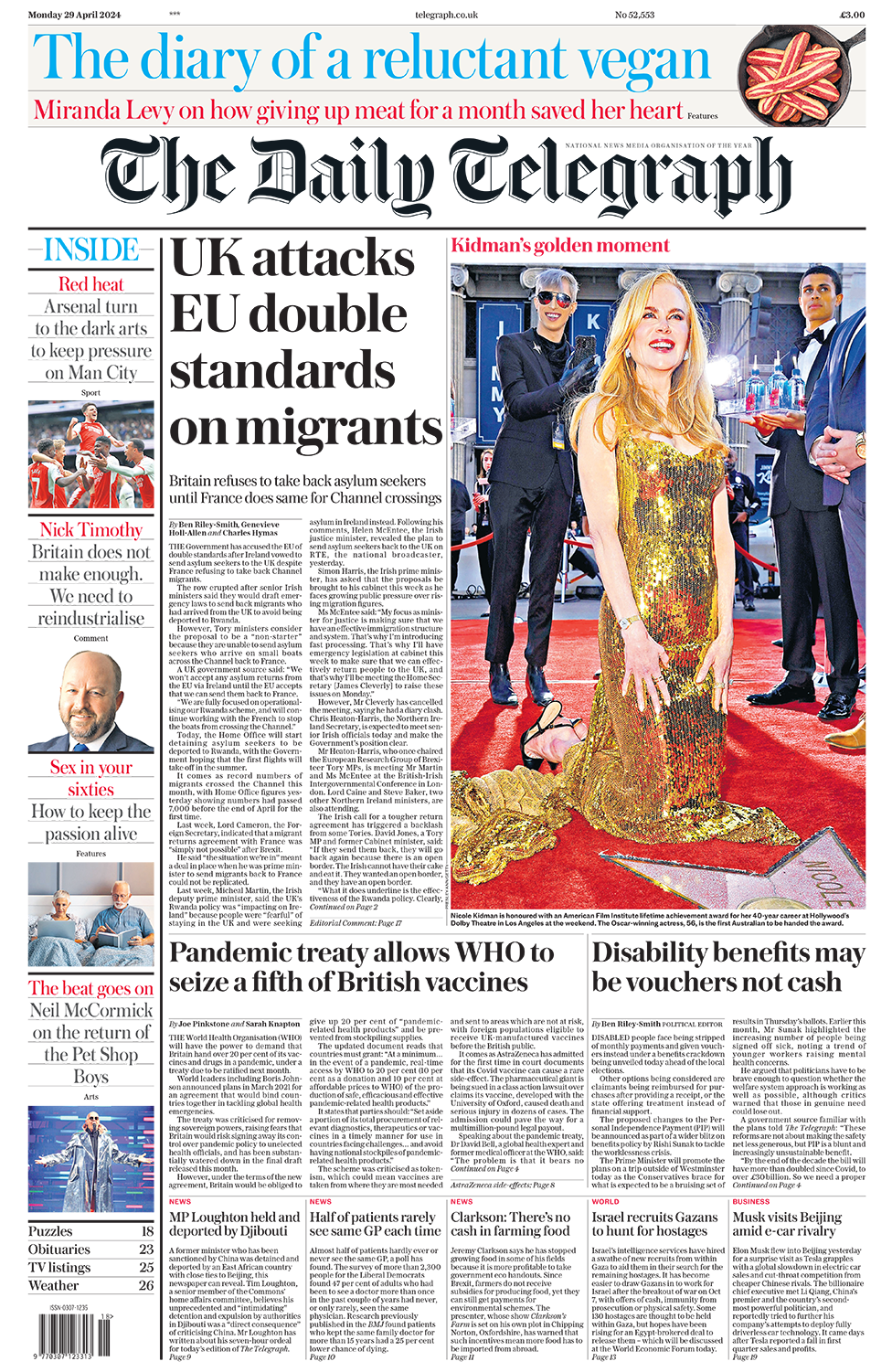 The headline in the Telegraph reads: "UK attacks EU double standards on migrants".