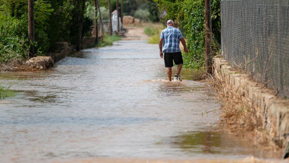 Street flooded by the rains, on September 3, 2023, in Les Cases d'Alcanar, Tarragona, Catalonia, Spain
