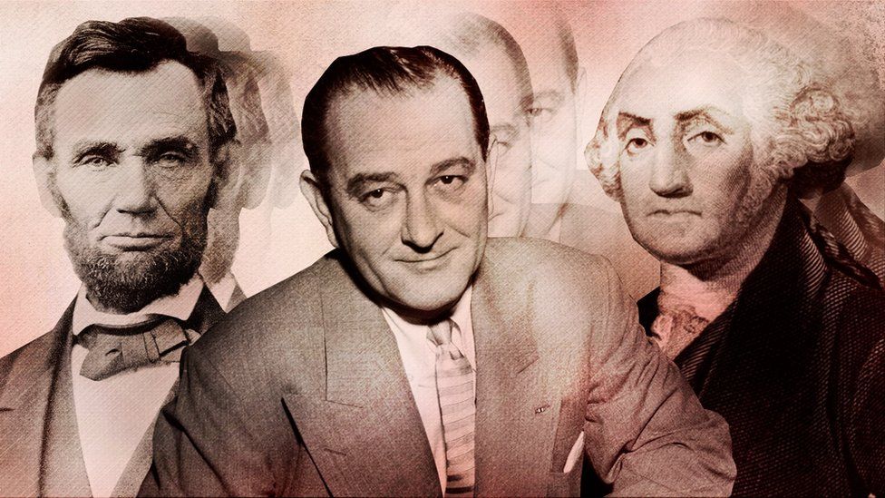 Abraham Lincoln (esquerda), LBJ (meio) e George Washington