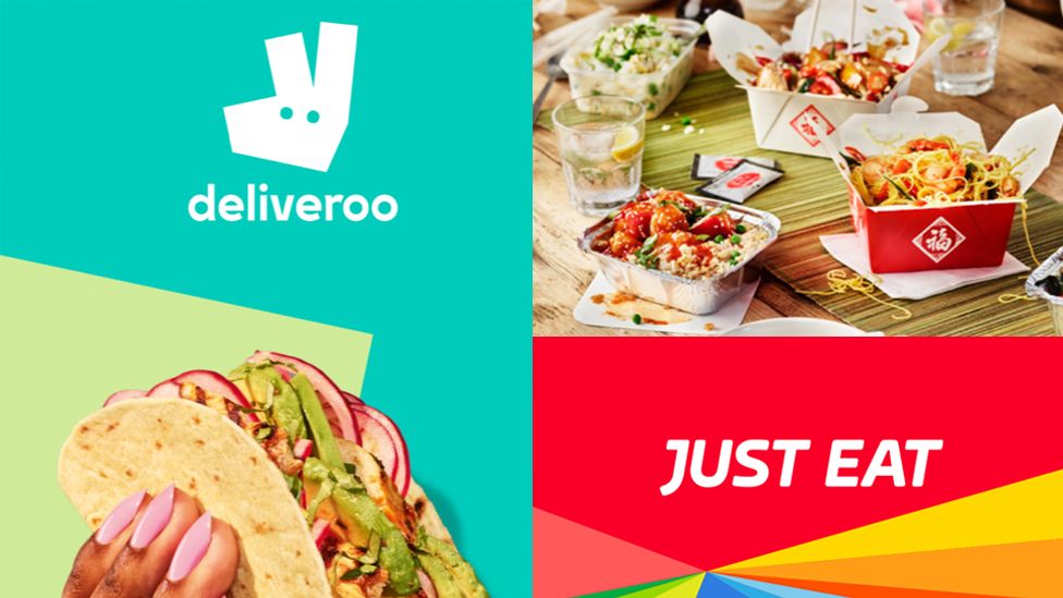 Deliveroo and Just Eat logos and app screenshots