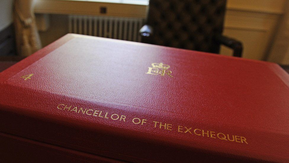 Red briefcase traditionally used to hold the UK budget documents