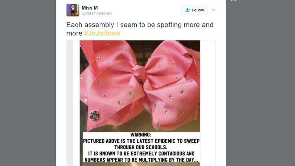 Twitter post about JoJo bows