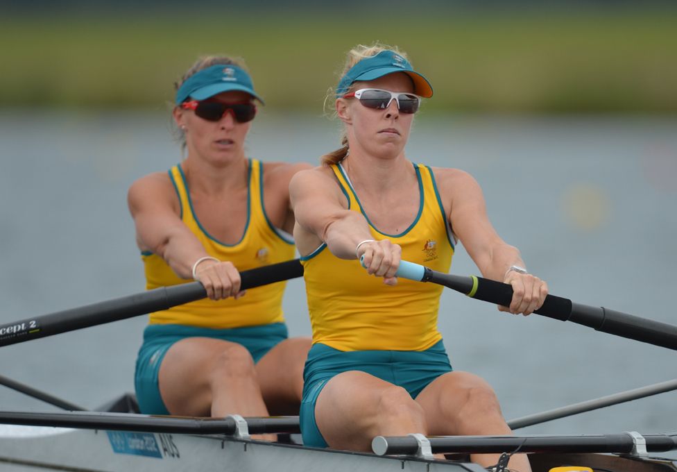 Australia's Kate Hornsey (R) and Sarah Tait compete in the women's pair final A to win the silver medalon Day 5 of the London 2012
