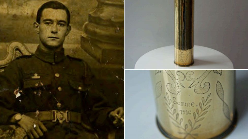 Walter Smewing the artist's great grandfather with the engraved brass bombshell he made on the Somme