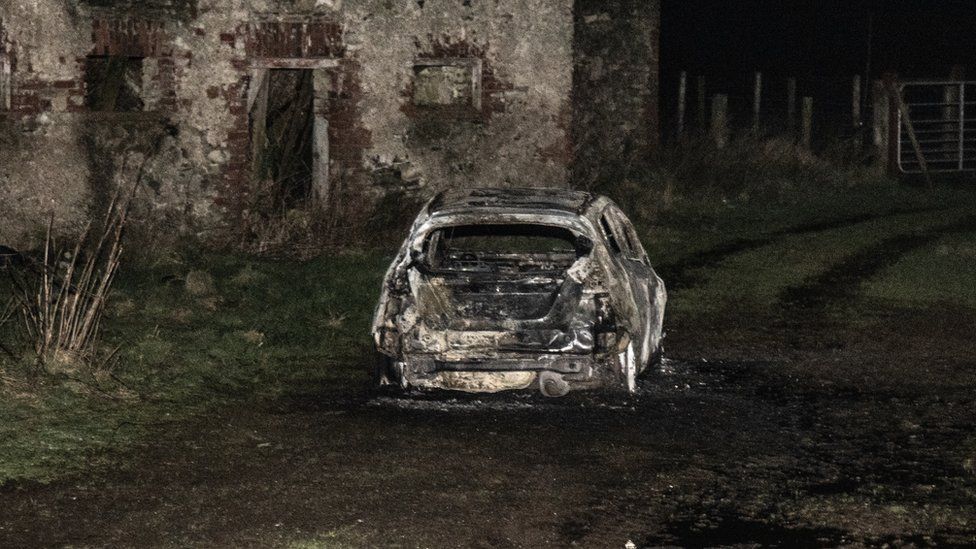 a burnt-out car at Racolpa Road outside Omagh