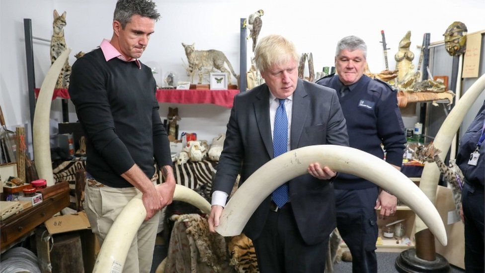 Foreign Secretary Boris Johnson and cricketer Kevin Pietersen examine a seized ivory at Heathrow