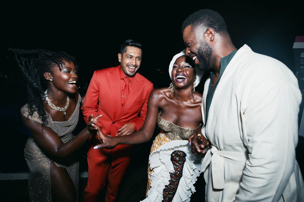 In this handout image provided by Winston Duke, (L to R) Lupita Nyong'o, Tenoch Huerta, Danai Gurira and Winston Duke attend the Black Panther tour at Lagos Continental Hotel on November 6, in Lagos, Nigeria,