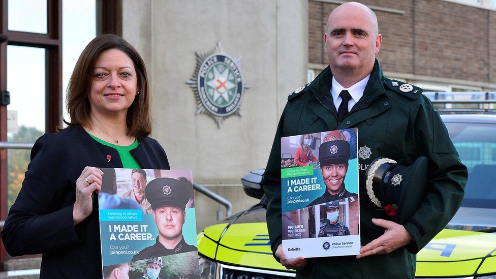 Deputy Chief Constable Mark Hamilton and Chief Operating Officer, Pamela McCreedy during the launch of the new Student Officer Recruitment campaign at Police Headquarters in Belfast