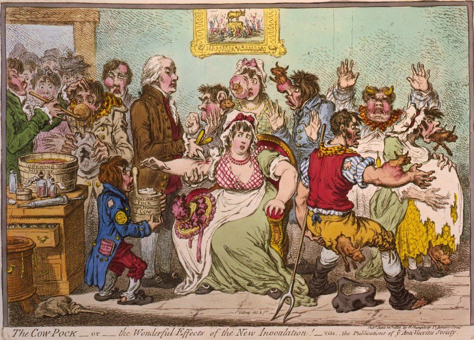 Newspaper cartoon depicting people receiving a vaccine and getting cow parts growing out of their faces
