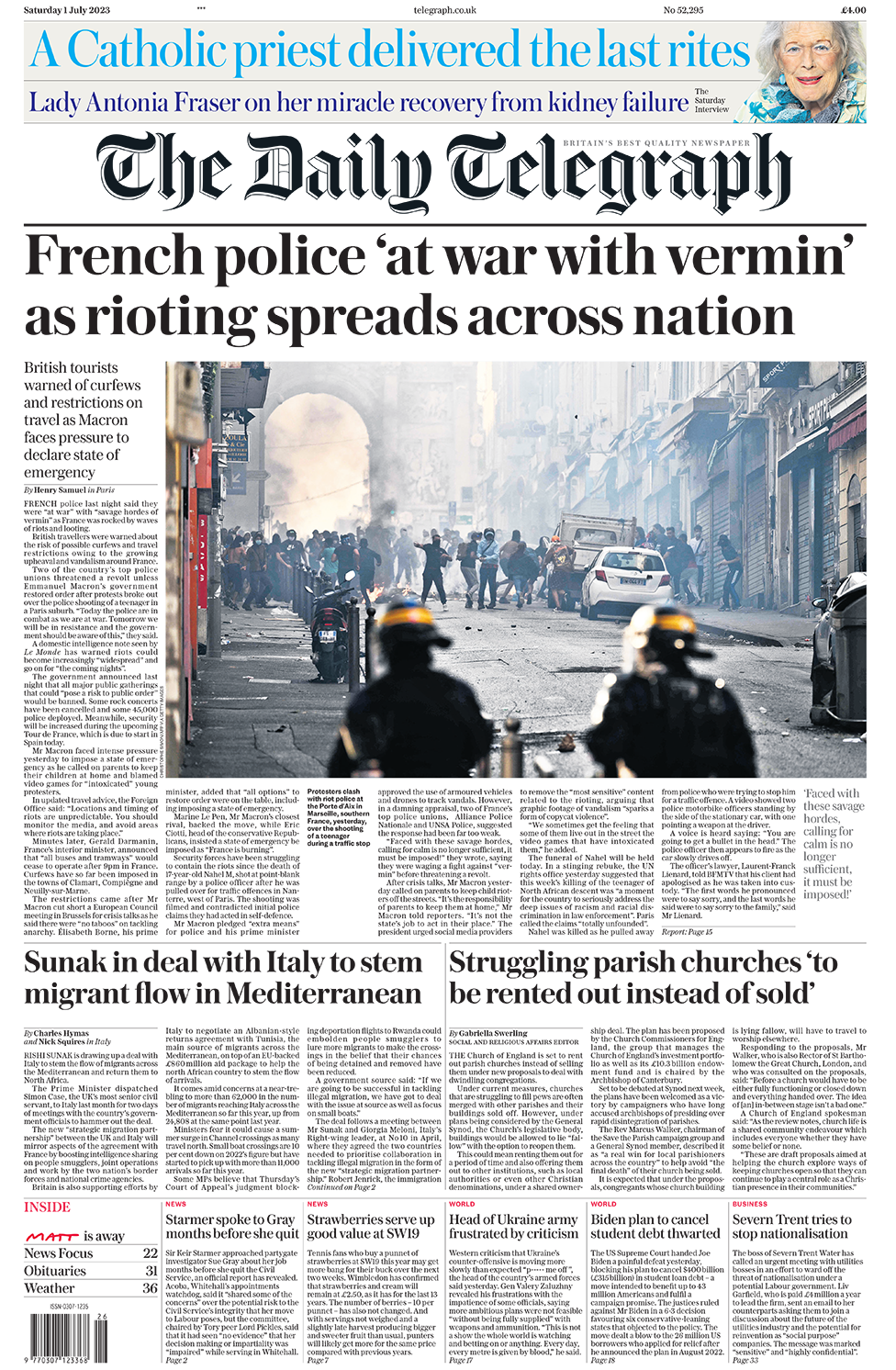 The headline in The Daily Telegraph reads: "French police 'at war with vermin' as rioting spreads across nation