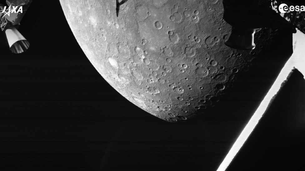 Black and white photo of the surface of Mercury