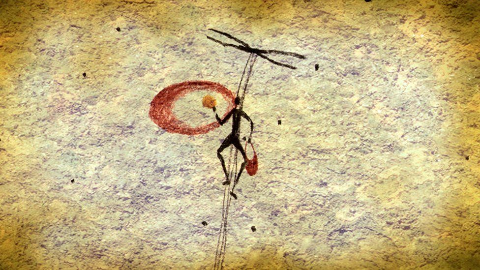 Cave painting believed to show honey gathering, using smoke from a burning brand to make the bees docile