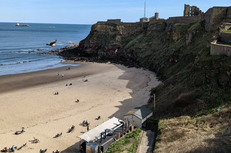 A seagull flies over the beach with the ruins of an abbey on a clifftop in the background