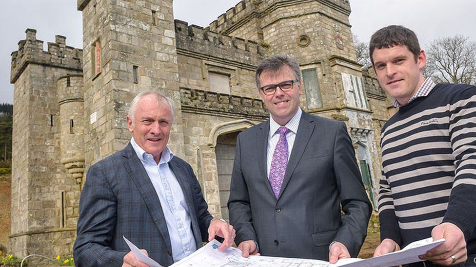 Mick Boyle, Jaramas Investments NI Ltd., Alastair Hamilton, Invest NI, and Mark Donohoe, Project Manager, with plans at Killeavy Castle