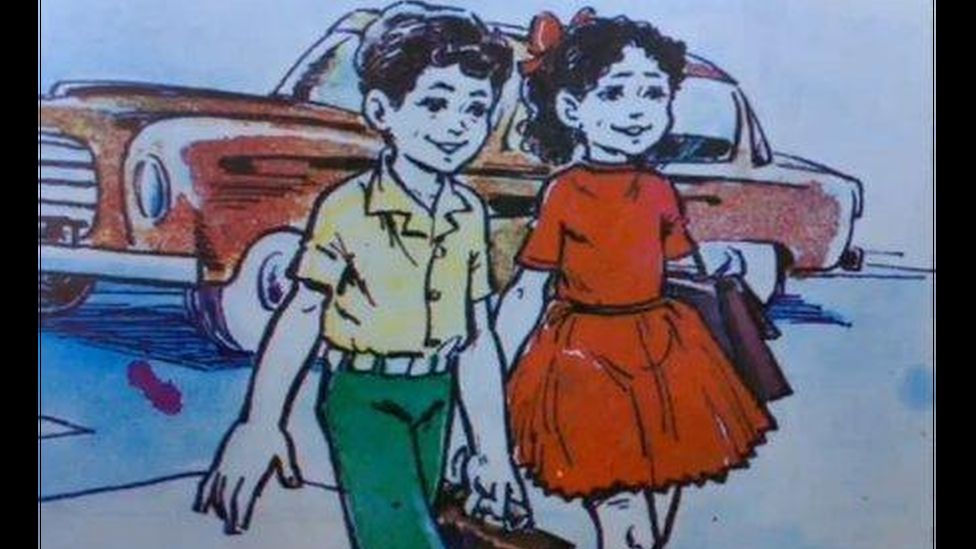 Picture of cartoon characters Basim and Rabab who appeared in Syrian school text books