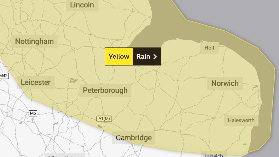 A yellow area shows on the map where a yellow weather warning is in place across parts of Cambridgeshire, Northamptonshire, Suffolk and Norfolk
