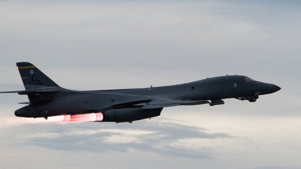 A US Air Force B-1B Lancer assigned to the 37th Expeditionary Bomb Squadron, takes off to fly a bilateral mission with Japanese and South Korea Air Force jets in the vicinity of the Sea of Japan, from Andersen Air Force Base, Guam, 10 October 2017