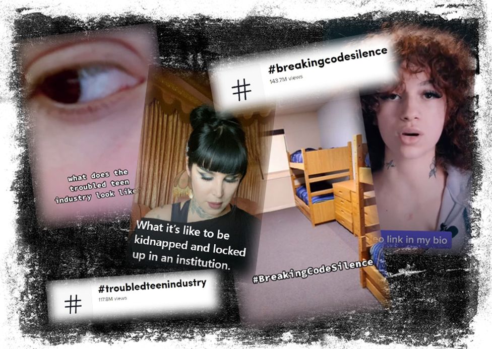 Graphic showing screenshots from Kat Von D Instagram video, Bhad Bhabie Tikok and screenshots from Breaking Code Silence TikTok account along with labels showing hashtags have been viewed millions of times