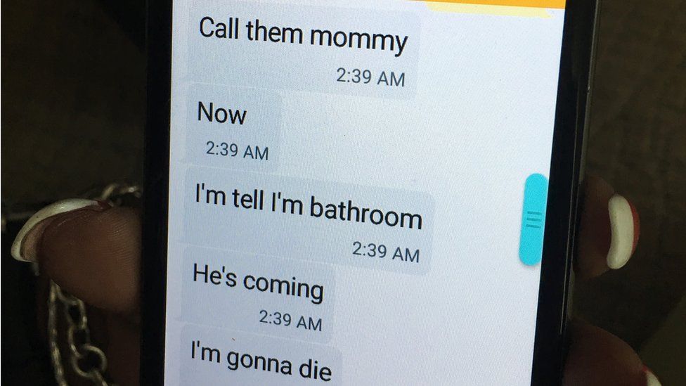 Mina Justice shows a text message she received from her son Eddie Justice at Pulse nightclub during a fatal shooting in Orlando, Fla., Sunday, June 12, 2016.