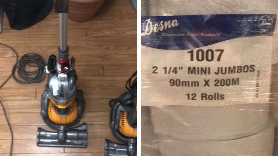 Picture of a broken vacuum and pack of toilet roll